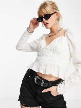 Free People White Smocked Peplum Long-Sleeve Top